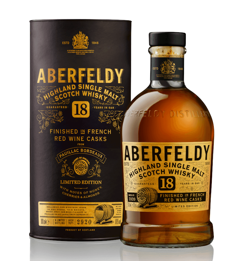 Single Malt Scotch Whisky der Marke Aberfeldy 18 Years Pauillac Red Wine Finish 43% 0,7l Flasche