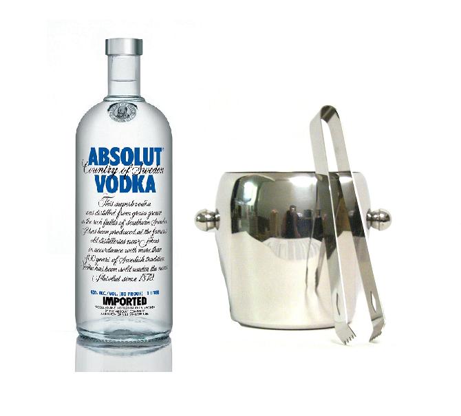 Wodka der Marke Absolut 40% 1,0l Flasche mit Eiskübel und Zange