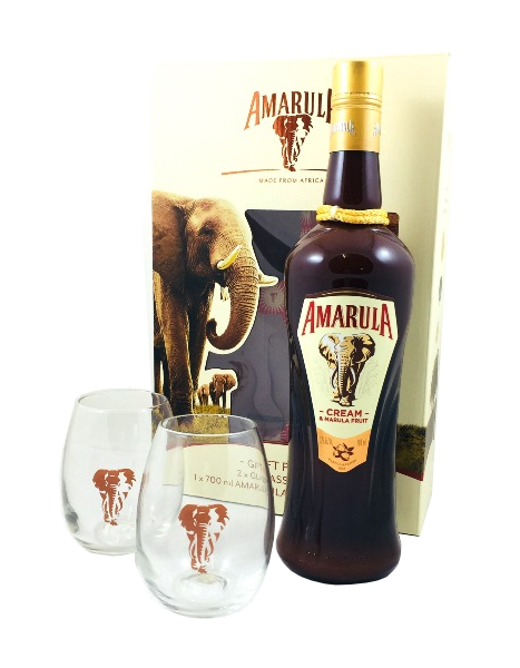 Cream Likör der Marke Amarula in Geschenkverpackung mit 2 Gläsern 17% 0,7l Flasche 