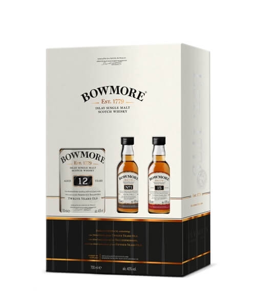Single Malt Scotch Whisky von Bowmore mit 2 Miniaturen Nr. 1 und 15 J. 40% 0,7l Flasche