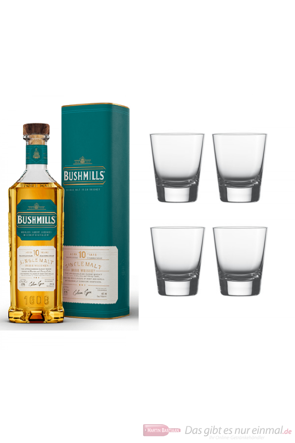 Bushmills 10 Jahre Single Malt Irish Whiskey 0,7l mit 4 Whisky Tumbler