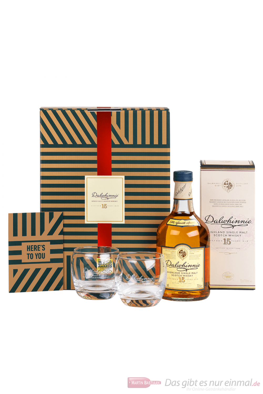 Dalwhinnie 15 Jahre Geschenkset mit Gläsern und Grußkarte Highland Single Malt Scotch Whisky 0,7l