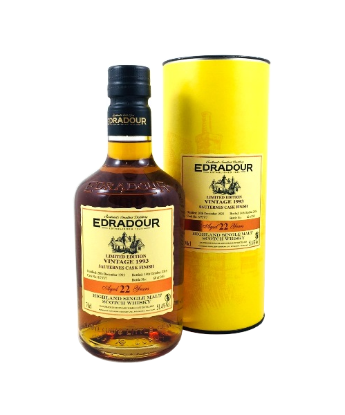 Single Malt Scotch Whisky der Marke Edradour Vintage 1993 22 Years 51,4% 0,7l Flasche