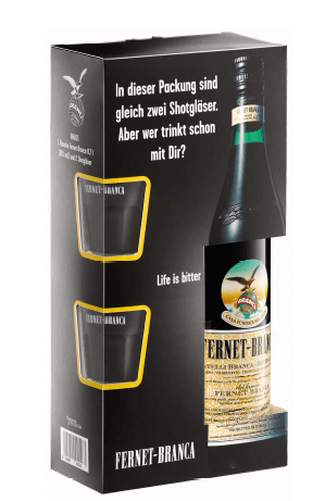 Likör der Marke Fernet Branca Bitter in Geschenkverpackung mit 2 Gläsern 39% 0,7l Flasche