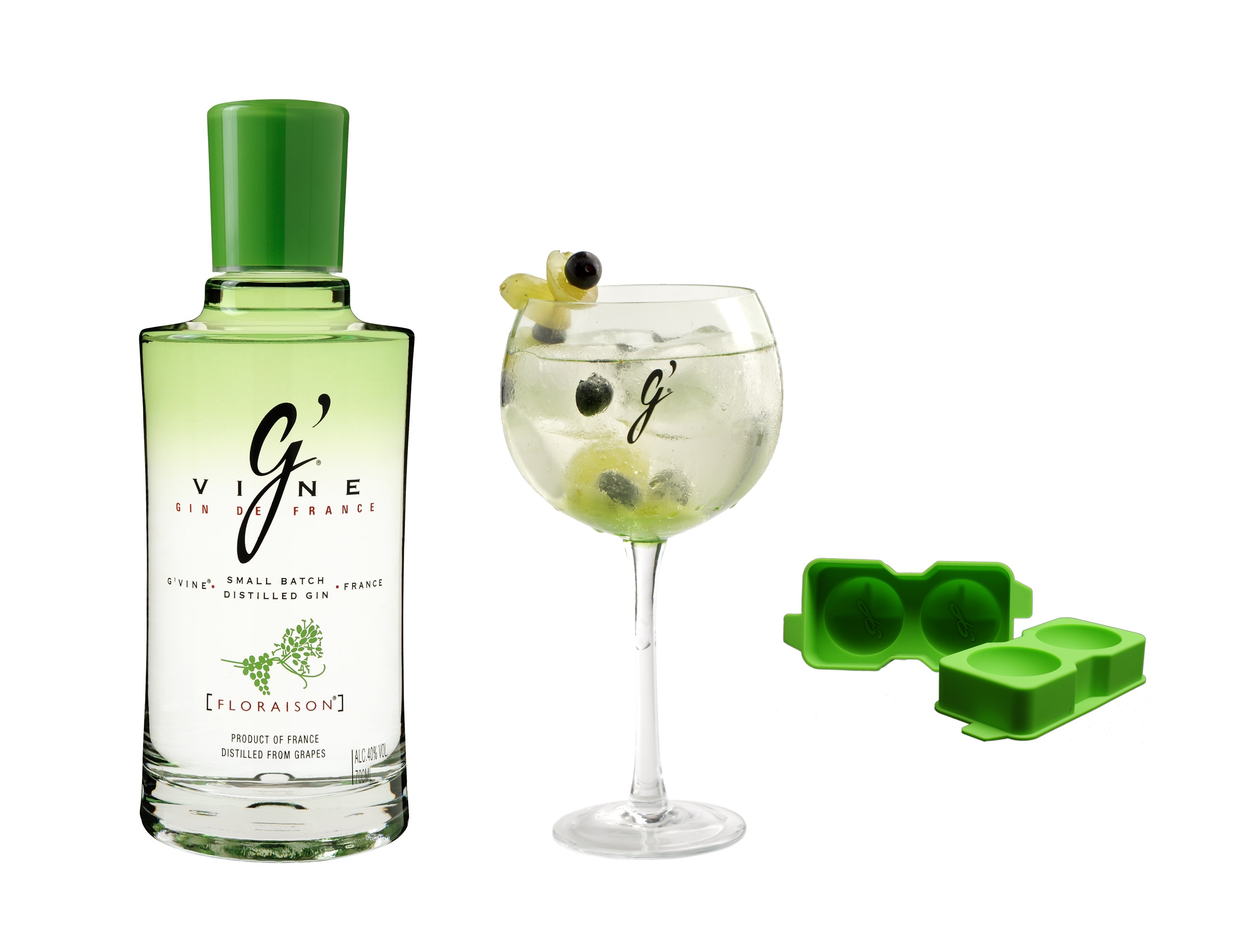 Floraison Set 43,9% Gin 0,7l Flasche + Glas und G-Vine Ice Sphere Modul der Marke G-Vine