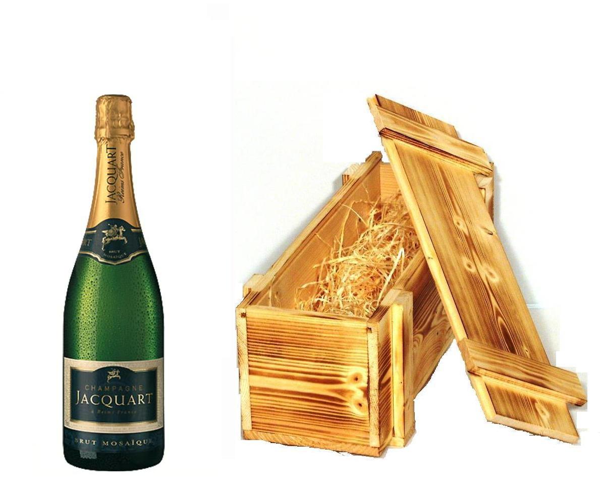 Champagner in Holzkiste geflammt der Marke Jacquart Brut Mosaique 12% 0,75l Flasche 