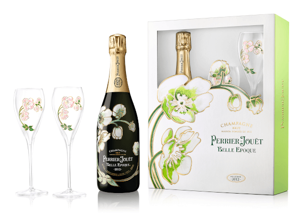 Champagner der Marke Perrier Jouet Belle Epoque 2012 in GP mit Gläsern 12,5% 0,75l Flasche