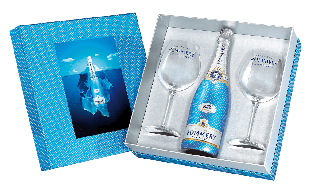 Champagner Pommery Royal Blue Sky in Geschenkpackung + 2 Gläser 12% 0,75l Flasche