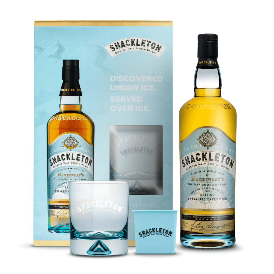 Blended Scotch Whisky Shackleton in Geschenkpackung mit Eiswürfelform und Glas 43% 0,7l Flasche