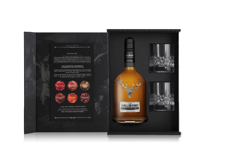 Single Malt Scotch Whisky The Dalmore King Alexander mit zwei Gläsern 40% 0,7l Flasche 