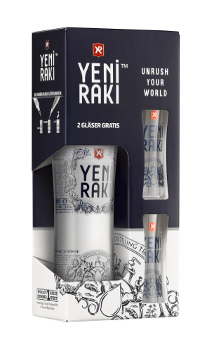 Raki der Marke Yeni in Geschenkverpackung mit 2 Gläsern 45% 0,7l Flasche