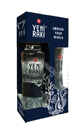 Raki der Marke Yeni in Geschenkverpackung mit Glas 45% 0,35l Flasche