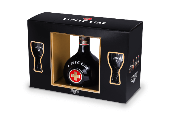 Geschenkverpackung mit 2 Gläsern der Marke Zwack Unicum Likör 40% 0,7l Flasche